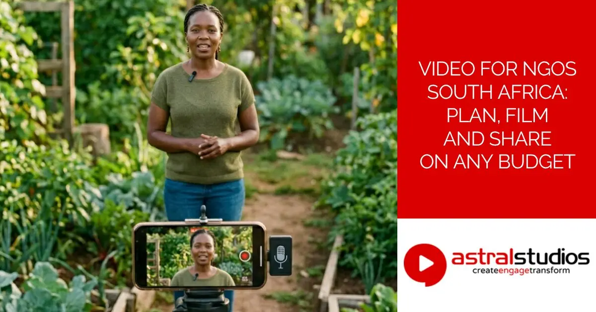 A Black South African woman stands in a community garden, speaking to camera on a smartphone mounted on a tripod with a lapel microphone attached.