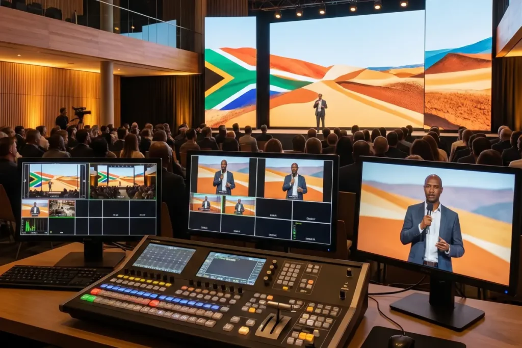 Event live streaming production setup at a South African corporate conference, with a speaker on stage, LED screens displaying the South African flag, and a broadcast switcher in the foreground.