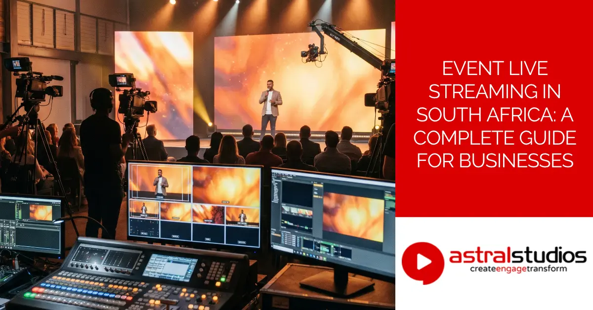 Professional event live streaming setup in South Africa showing a speaker on stage with LED screens, broadcast cameras, and a live production control desk in the foreground.