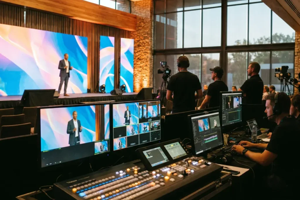 Live stream event production crew managing a multi-camera broadcast setup with a switcher control desk and monitors at a corporate conference venue.