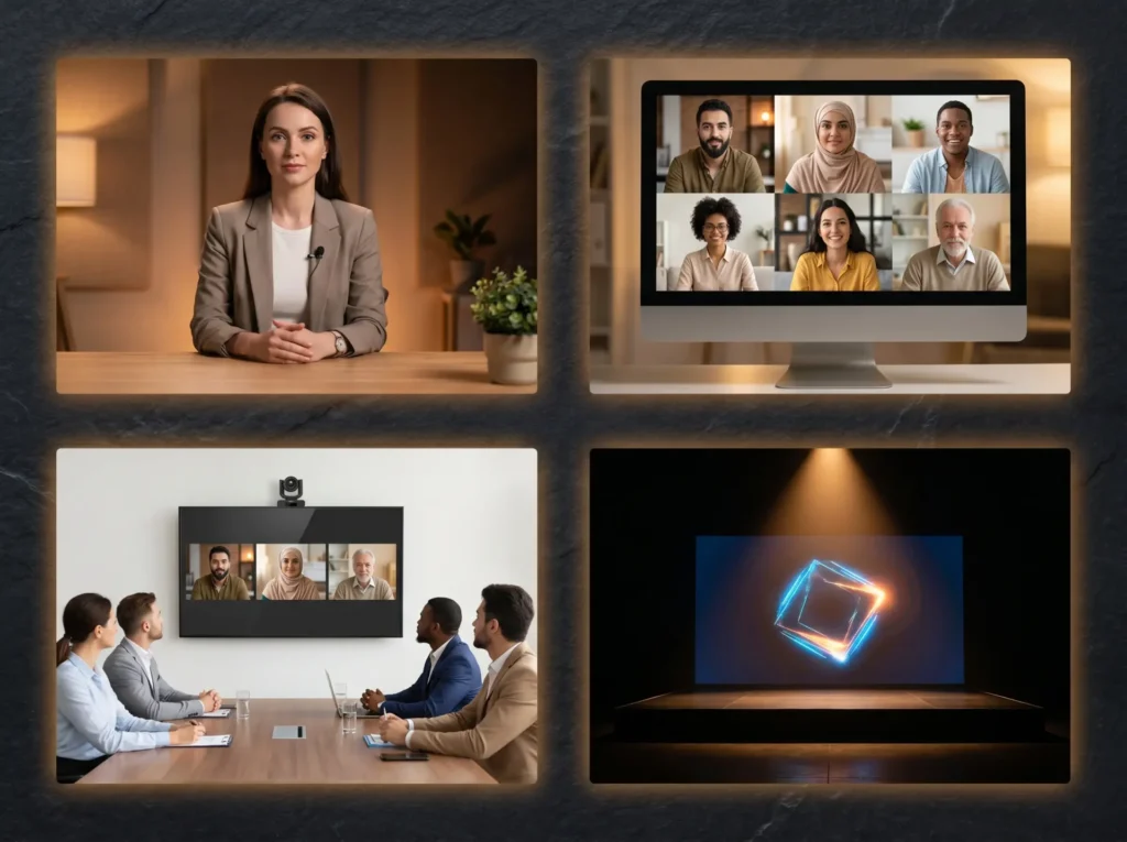 Four types of virtual events: webinar presenter, video conference, hybrid boardroom setup with PTZ camera, and virtual product launch