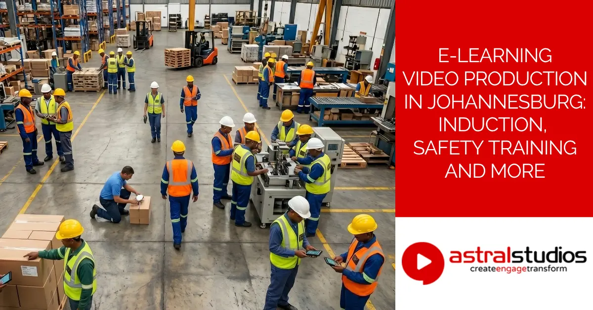 Diverse factory workers in hard hats and high-visibility vests on a South African warehouse floor, some watching training content on tablets