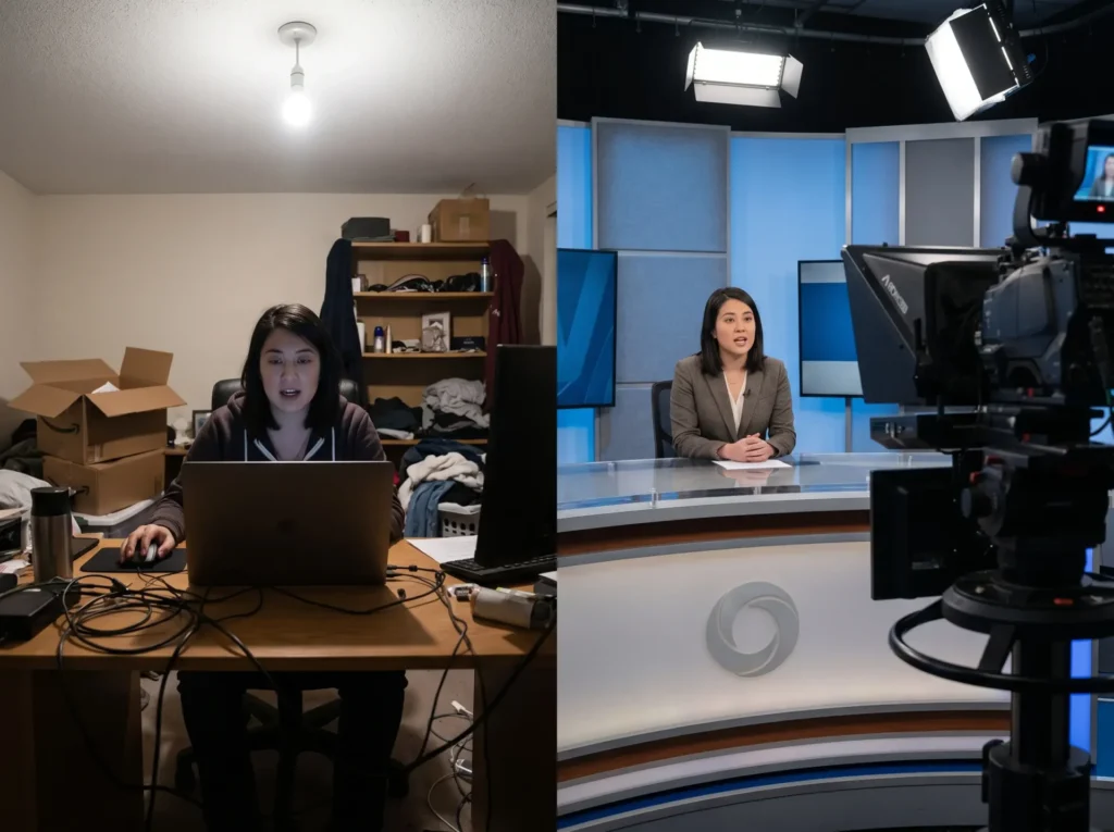 Side-by-side comparison of unprofessional home webcam setup versus professional broadcast studio production quality