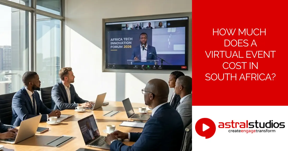 Corporate team watching a live virtual event on a boardroom screen, South Africa