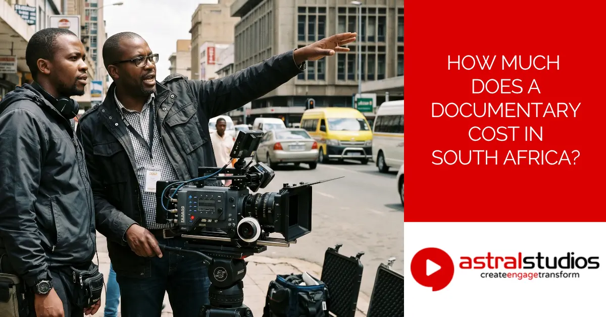 Two documentary filmmakers on location in the Johannesburg CBD, one pointing to direct a shot while the other operates a professional cinema camera