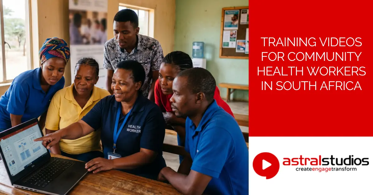 A group of community health workers gathered around a laptop during a training session at a rural South African clinic