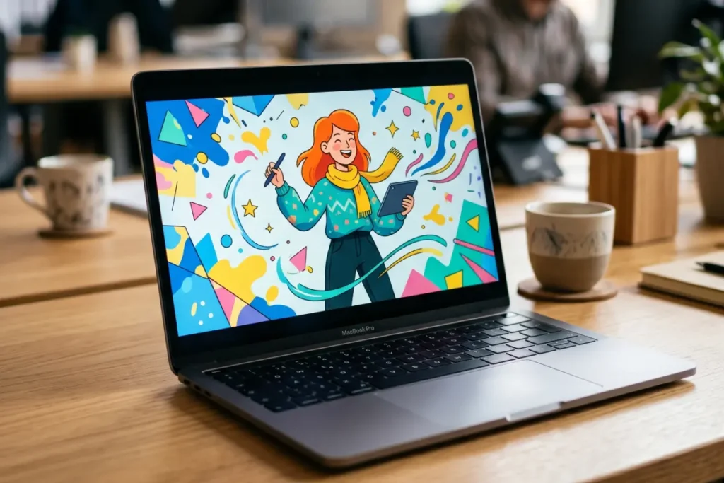 A laptop on a wooden desk displays a colourful 2D animated explainer video featuring a cartoon character against a bright geometric background