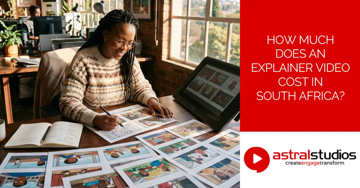 A South African animator reviews printed storyboard frames spread across a desk, with a drawing tablet beside her, planning an animated explainer video