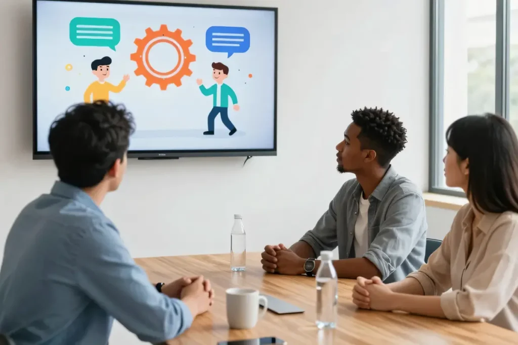 Three colleagues seated around a meeting room table watch a 2D animated explainer video on a wall-mounted screen showing cartoon characters and a gear icon
