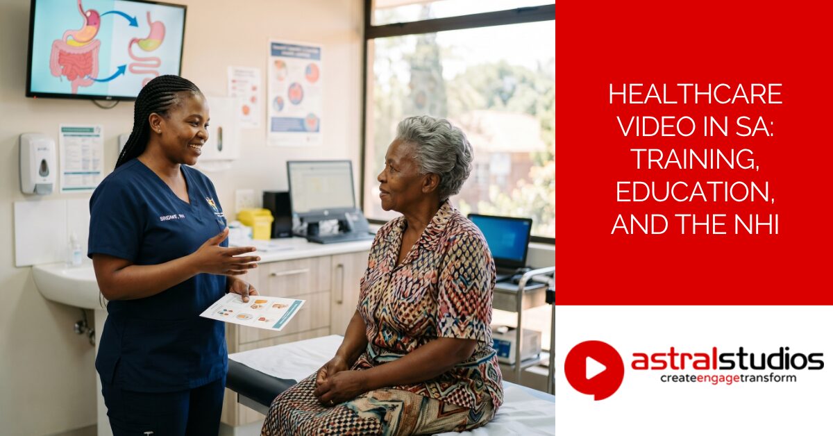 A South African nurse in scrubs explains a health condition to an elderly patient in a clinic examination room, with a medical anatomy video visible on a wall-mounted screen