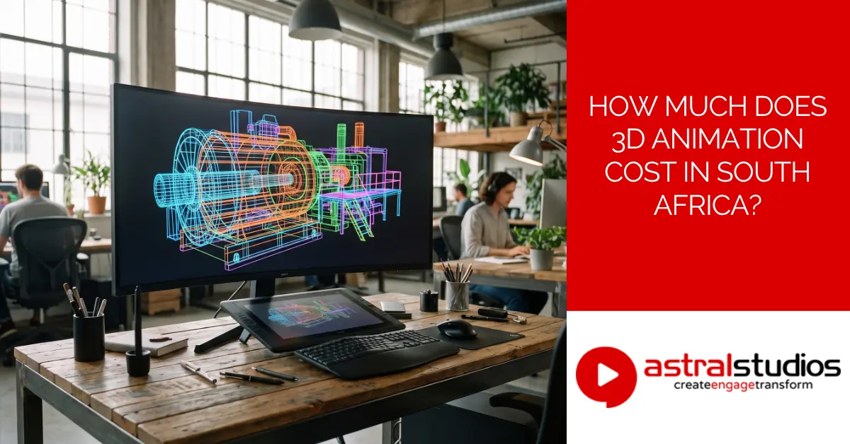 Wireframe 3D model of an industrial machine on a designer's monitor in a bright studio office, with the title "How Much Does 3D Animation Cost In South Africa?"