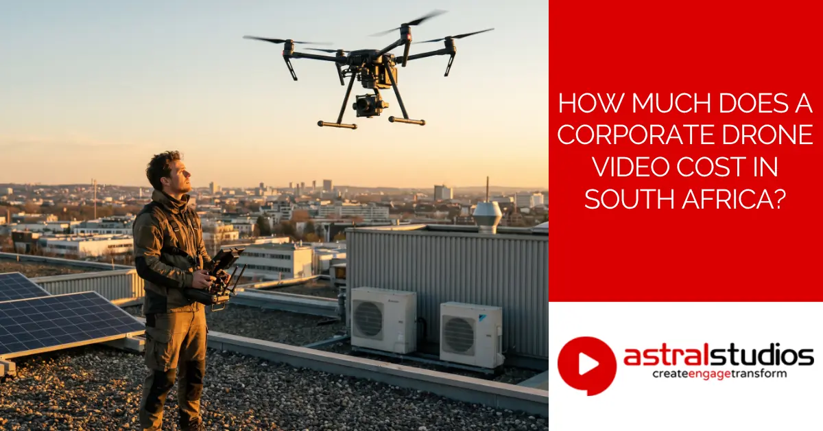 A drone pilot flying a professional camera drone from a rooftop at sunset, overlooking a South African city skyline.