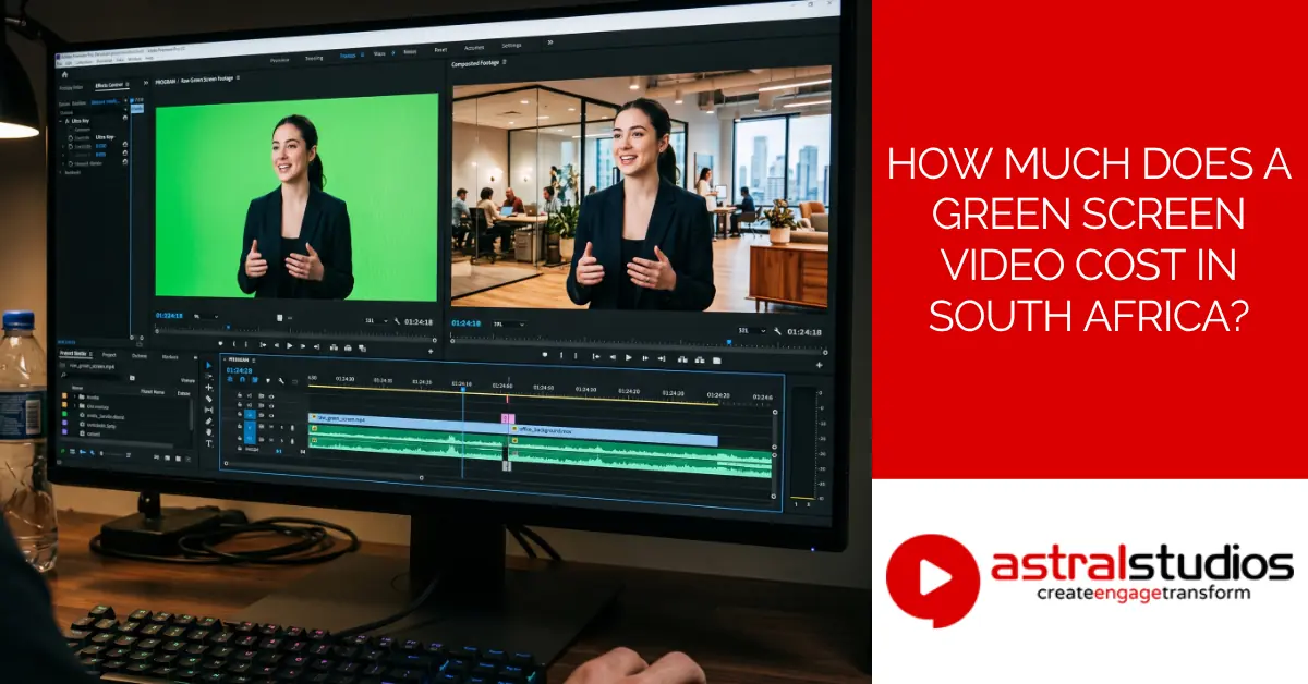 Video editor compositing a green screen interview into an office background on a monitor, with the title "How Much Does A Green Screen Video Cost In South Africa?"