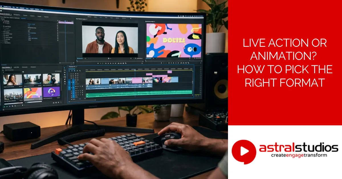 A video editor working at a curved monitor with an editing timeline showing both live-action interview footage and colourful animated graphics.