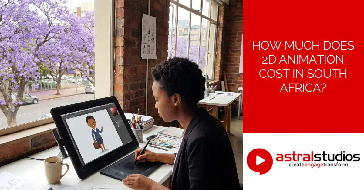 Illustrator sketching a business character for a corporate explainer video in a Johannesburg studio.