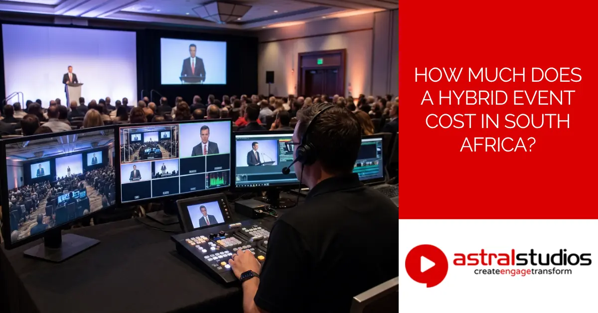 Technical director monitoring a live stream feed on multiple screens during a hybrid event at a hotel conference venue in South Africa.