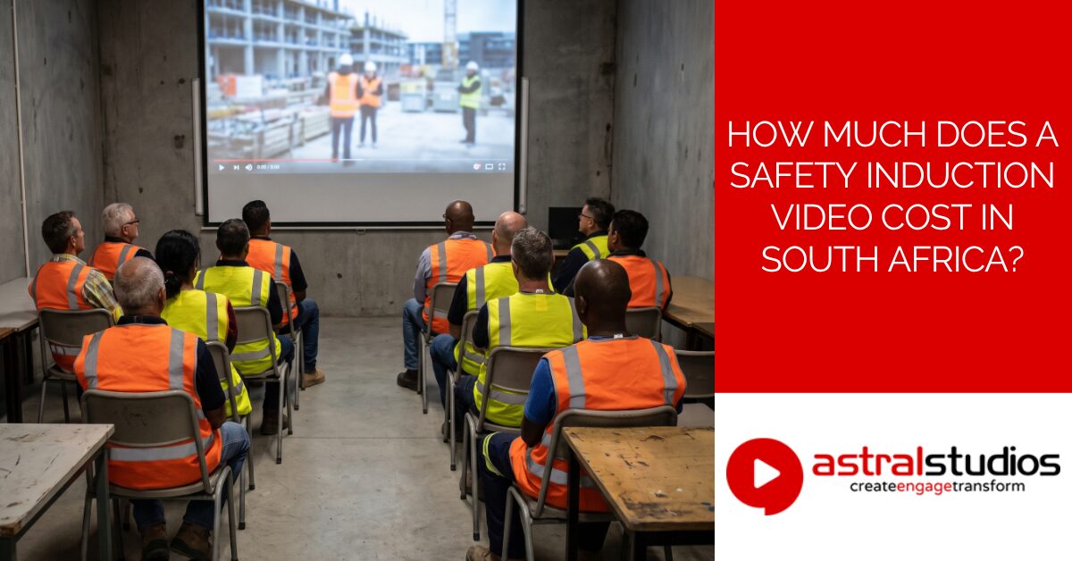 Workers in hi-vis vests seated in rows watching a safety induction video on a projector screen in South Africa