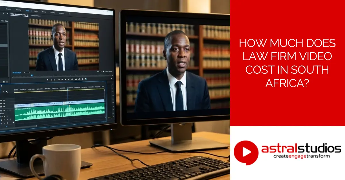 Video editing workstation with dual monitors displaying a law firm testimonial video, one screen showing the editing timeline with audio waveform, the other showing a large preview of a man in a suit speaking in front of a bookshelf of legal volumes.