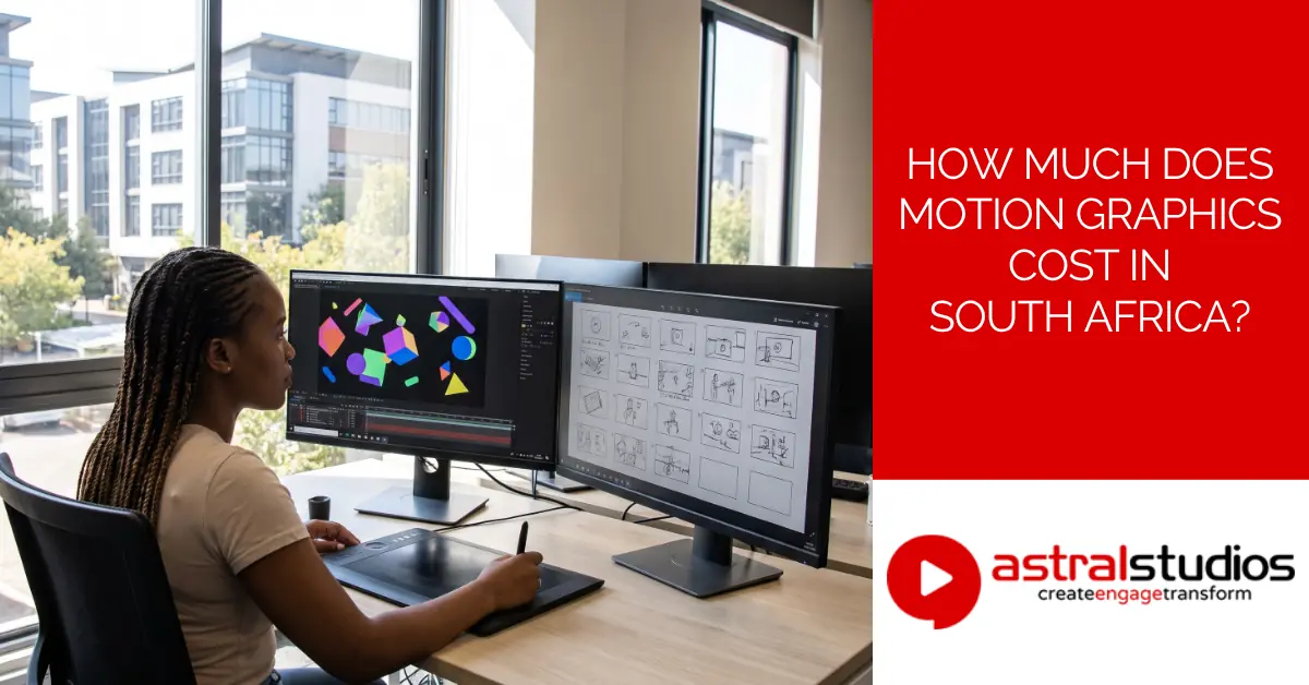 Motion graphics designer working at a dual-monitor desk in a Johannesburg studio