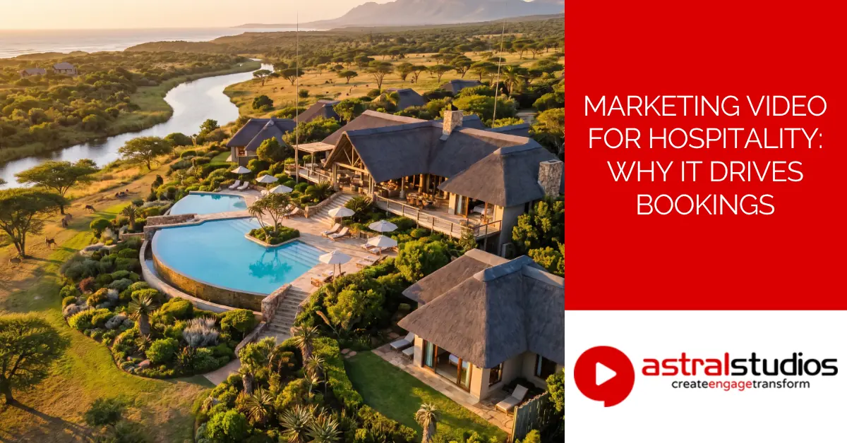 Aerial view of a luxury safari lodge with pools, thatched roofs and a winding river at golden hour
