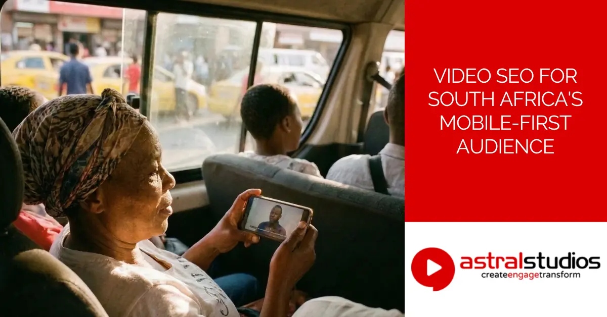 A woman sits in a minibus taxi watching a video on her smartphone, with morning light coming through the window and other passengers visible in the background.