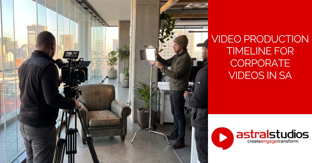 Video production crew setting up an interview shoot in a Johannesburg office