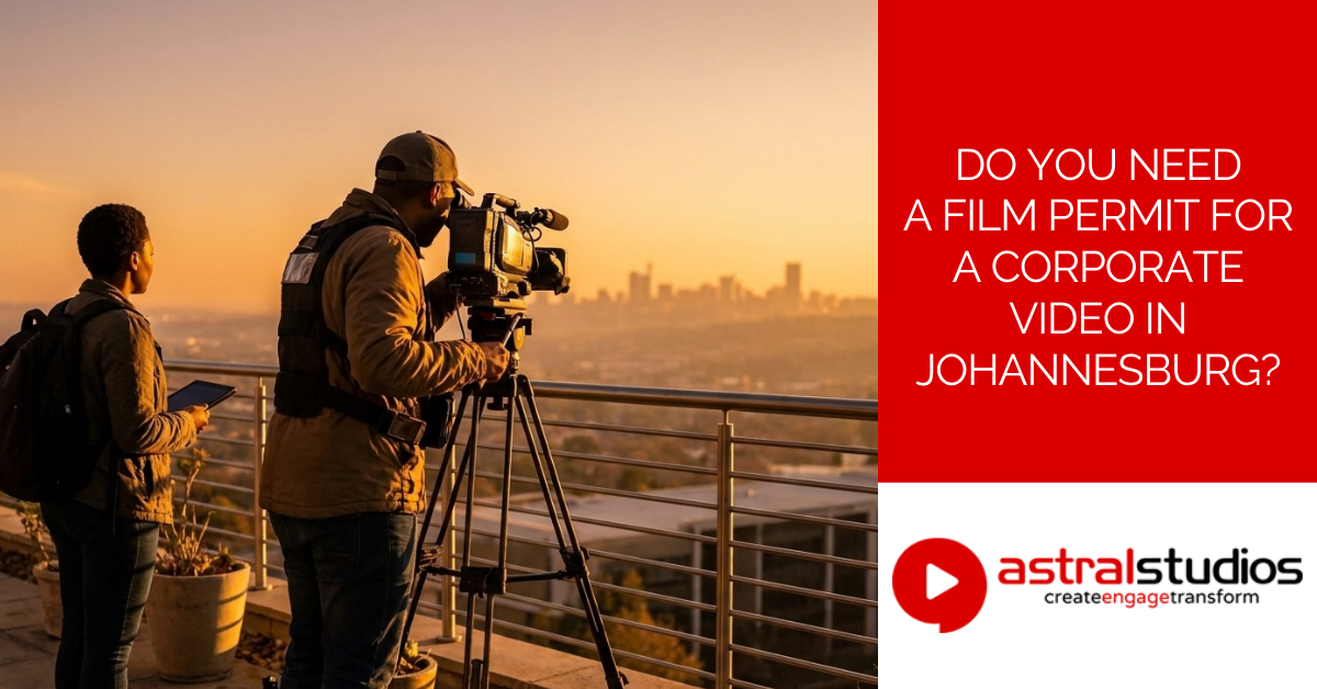 Camera operator filming the Johannesburg skyline from a rooftop at golden hour