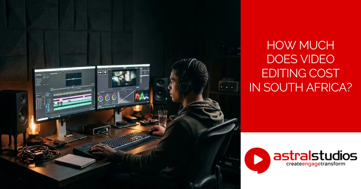 Video editor working at a dual-monitor desk in a dark edit suite