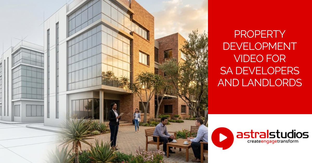 An office park in Sandton shown half as an architect's render and half as the finished building with tenants in the courtyard.