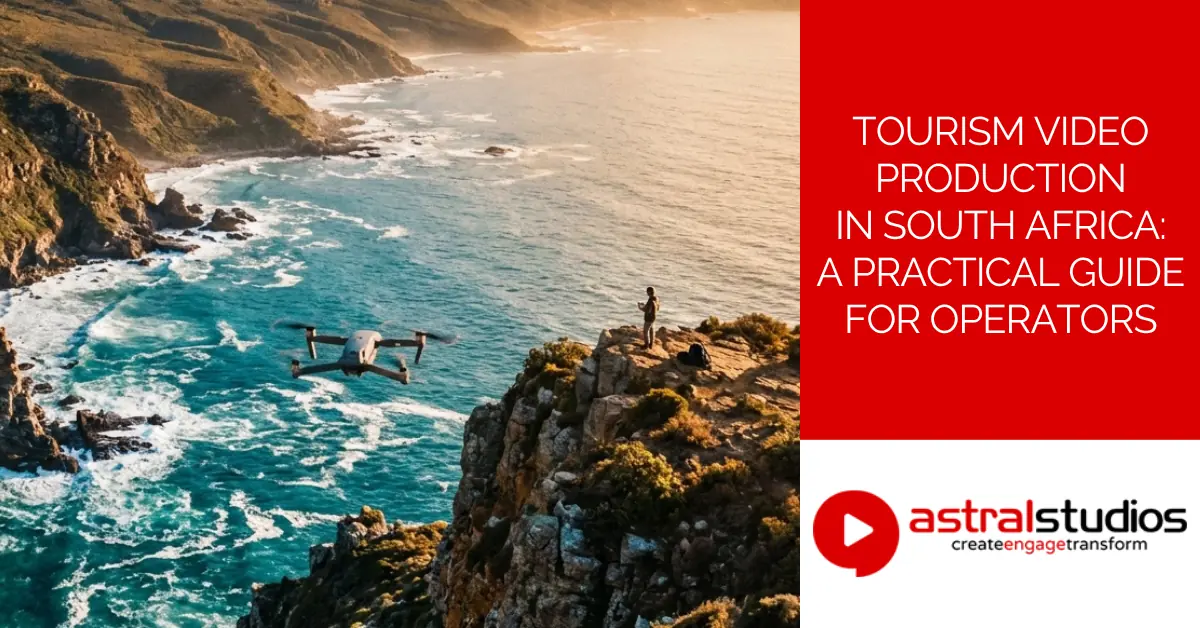 Drone flying over a rugged South African coastline at golden hour